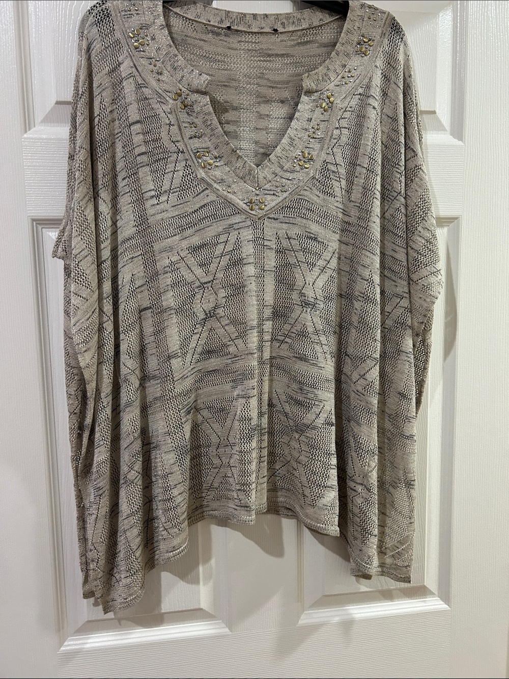 White House Black Market Taupe Patterned V-Neck Tunic with Bead Accents